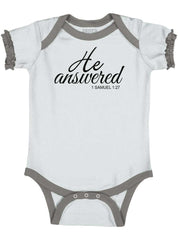 He Answered Baby Ruffled Trim Romper-Direct To Garment Print-Brisco Baby