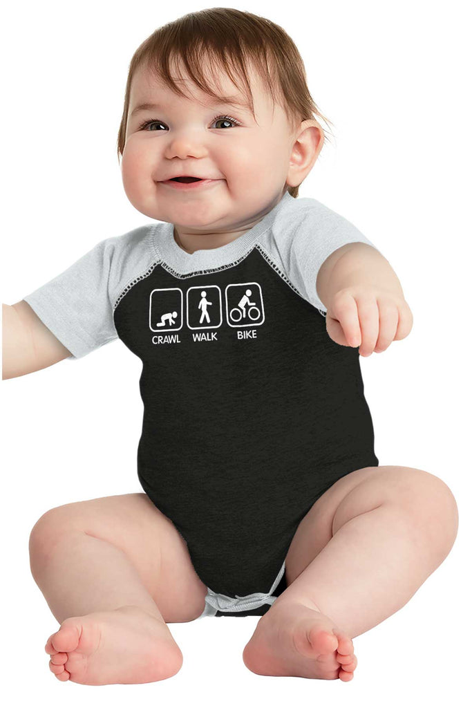 Crawl Walk Bike Raglan Romper Bodysuit-Direct To Garment Print-Brisco Baby