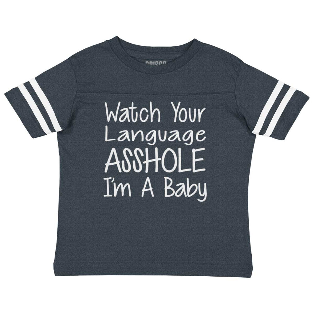 Watch The Language Toddler Football Jersey Tee-Direct To Garment Print-Brisco Baby