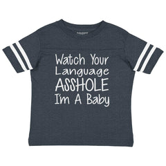 Watch The Language Toddler Football Jersey Tee-Direct To Garment Print-Brisco Baby