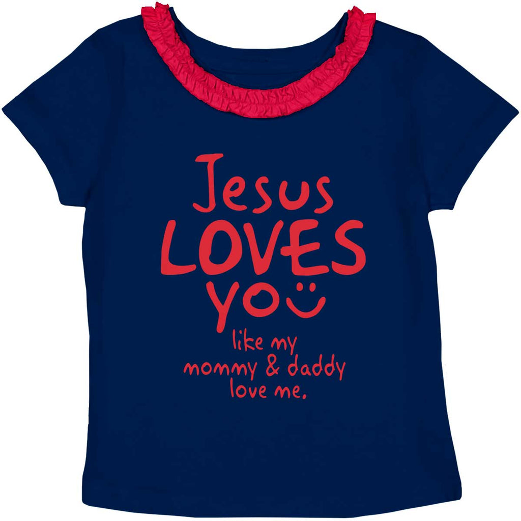 Jesus Loves You Toddler Ruffled Trim T-Shirt-Direct To Garment Print-Brisco Baby
