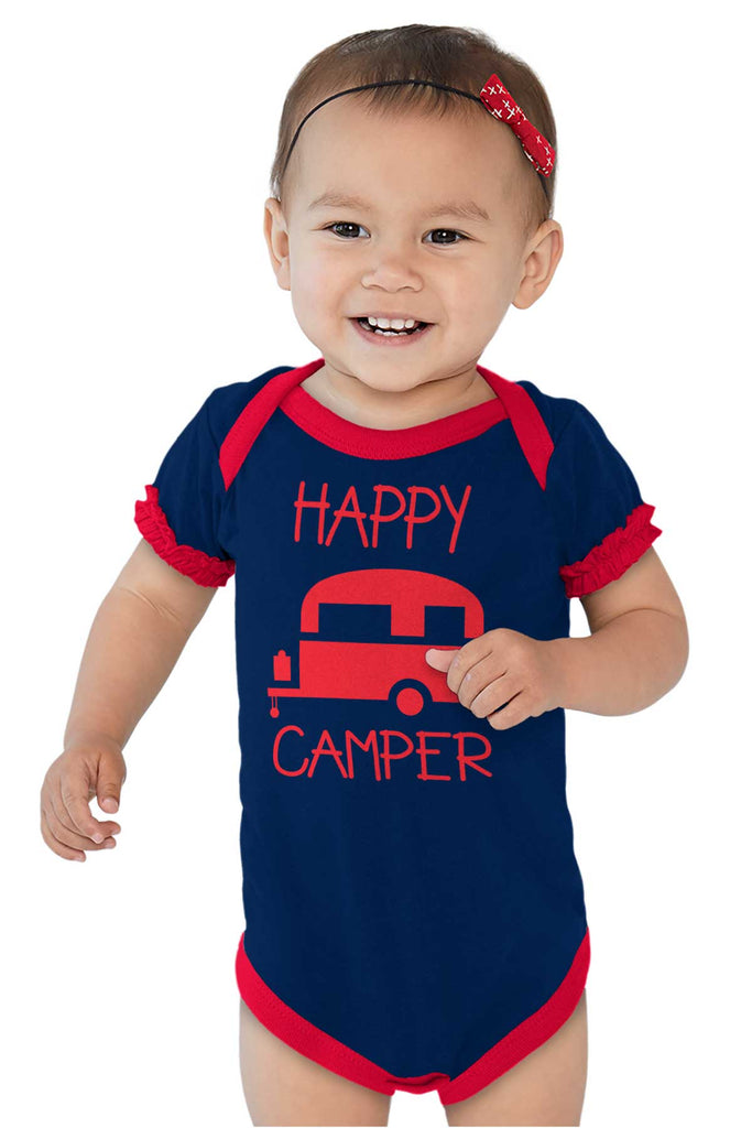 Happy Camper Baby Ruffled Trim Romper-Direct To Garment Print-Brisco Baby