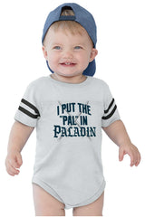 Put The Pal In Paladin Dungeons Football Romper Bodysuit-Direct To Garment Print-Brisco Baby