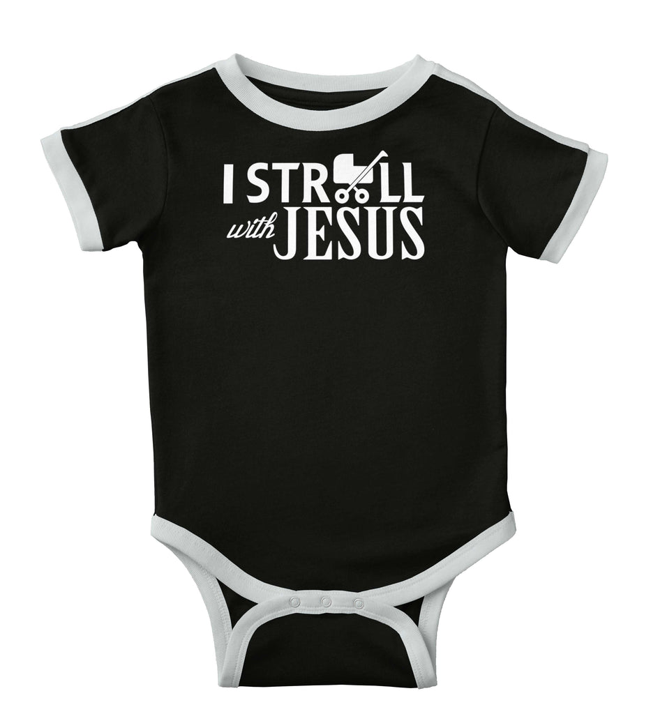 Stroll With Jesus Ringer Romper Bodysuit-Direct To Garment Print-Brisco Baby