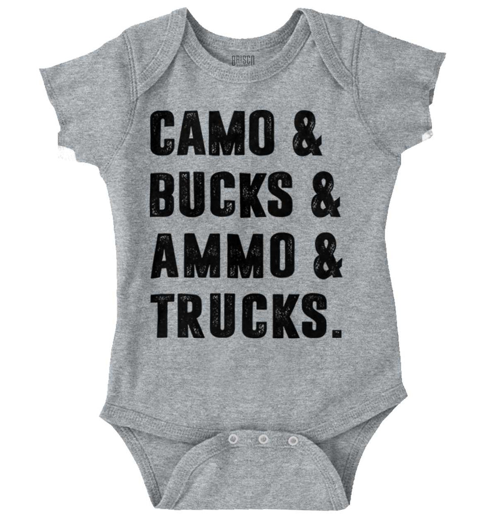 Camo Bucks Ammo Trucks Romper Bodysuit-Direct To Garment Print-Brisco Baby