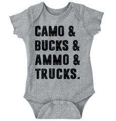 Camo Bucks Ammo Trucks Romper Bodysuit-Direct To Garment Print-Brisco Baby