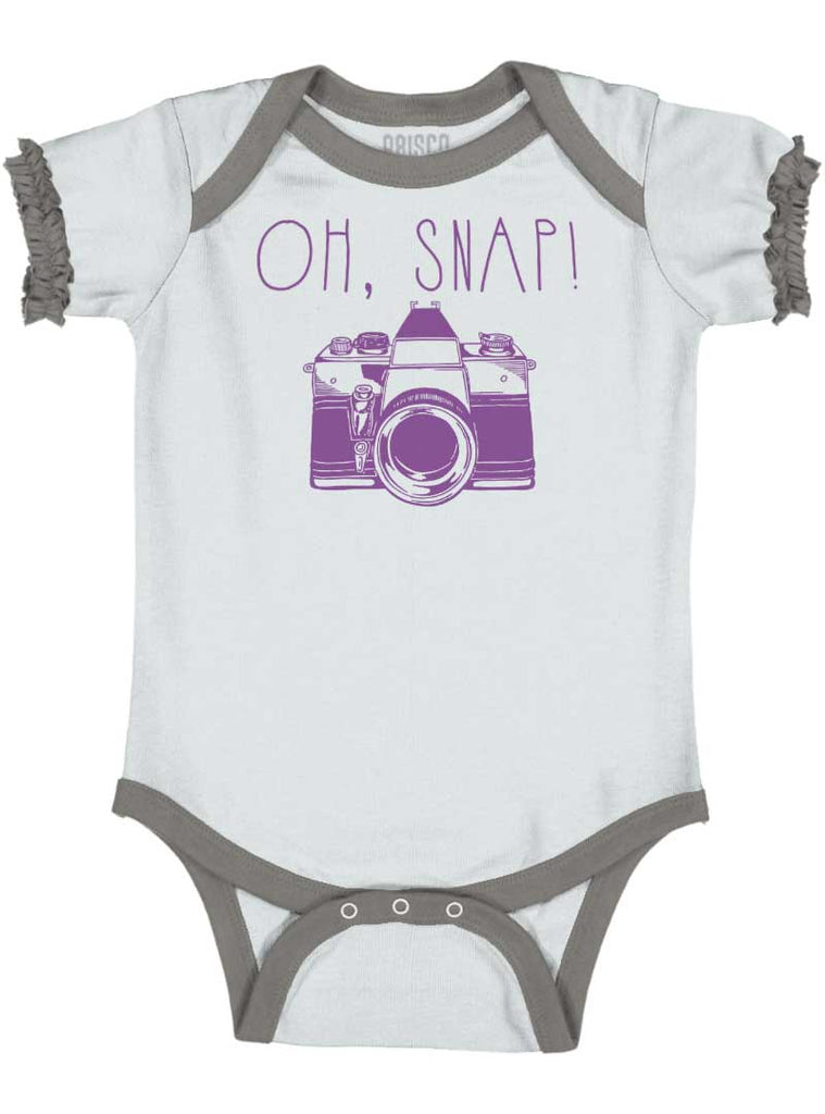 Oh Snap Camera Baby Ruffled Trim Romper-Direct To Garment Print-Brisco Baby