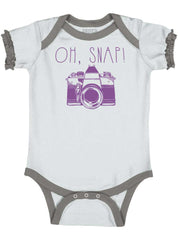 Oh Snap Camera Baby Ruffled Trim Romper-Direct To Garment Print-Brisco Baby