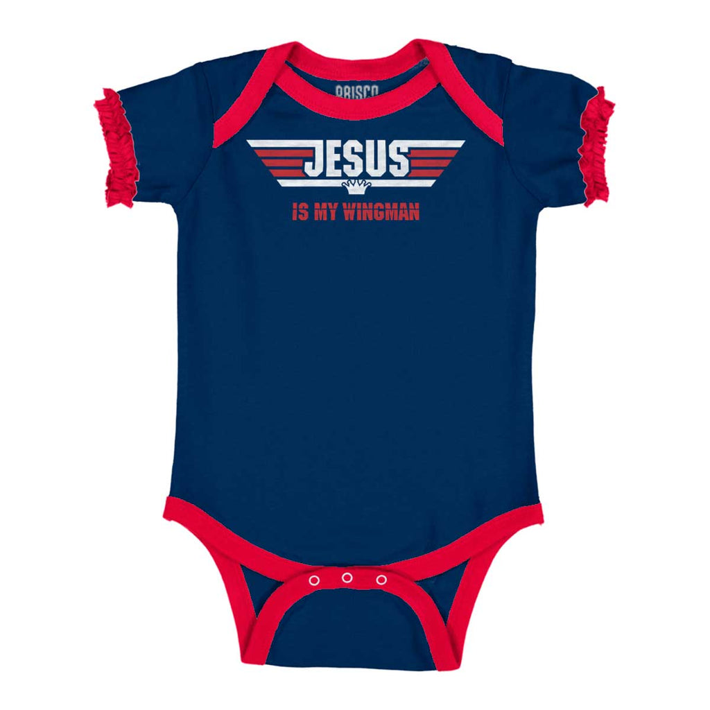 Jesus Is My Wingman Baby Ruffled Trim Romper-Direct To Garment Print-Brisco Baby