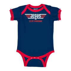 Jesus Is My Wingman Baby Ruffled Trim Romper-Direct To Garment Print-Brisco Baby