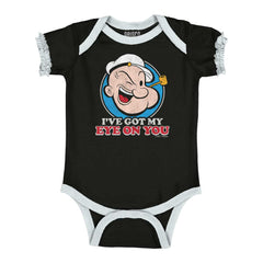 Got My Eye On You Baby Ruffled Trim Romper-Direct To Garment Print-Brisco Baby