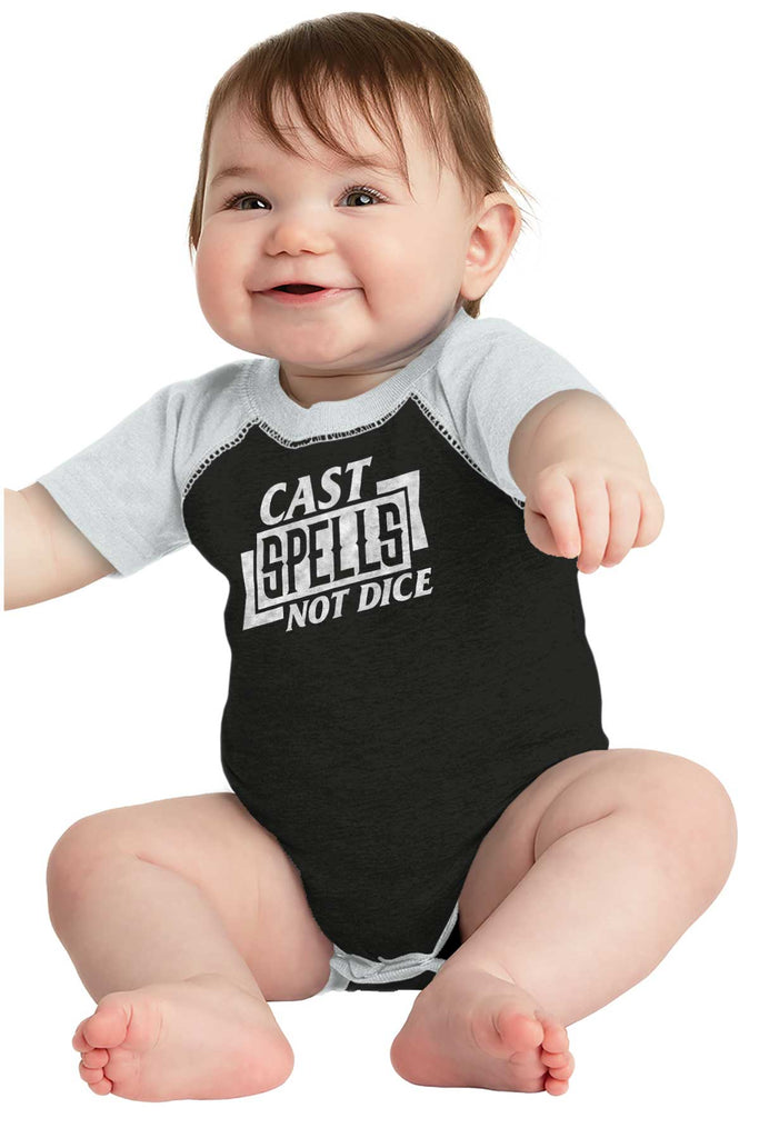 Cast Spells Not Dice Dungeons Raglan Romper Bodysuit-Direct To Garment Print-Brisco Baby