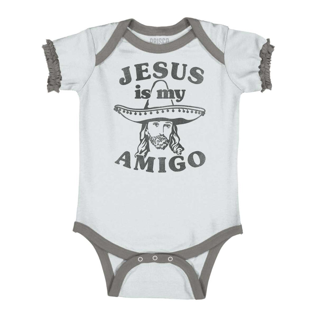 Amigo Jesus Baby Ruffled Trim Romper-Direct To Garment Print-Brisco Baby