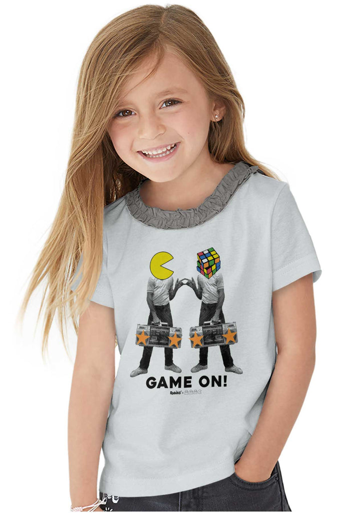 Pac-Man Rubiks Game On Toddler Ruffled Trim T-Shirt-Direct To Garment Print-Brisco Baby