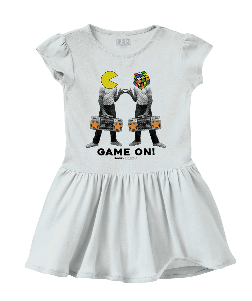 Pac-Man Rubiks Game On Solid Baby Infant Dress-Direct To Garment Print-Brisco Baby
