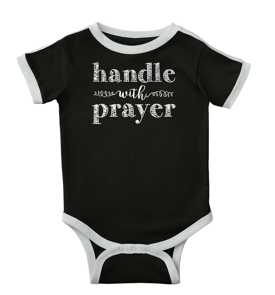 Handle With Prayer Ringer Romper Bodysuit-Direct To Garment Print-Brisco Baby