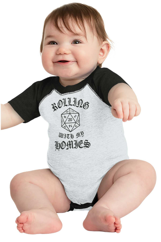 Rolling With My Homies Dungeons Raglan Romper Bodysuit-Direct To Garment Print-Brisco Baby