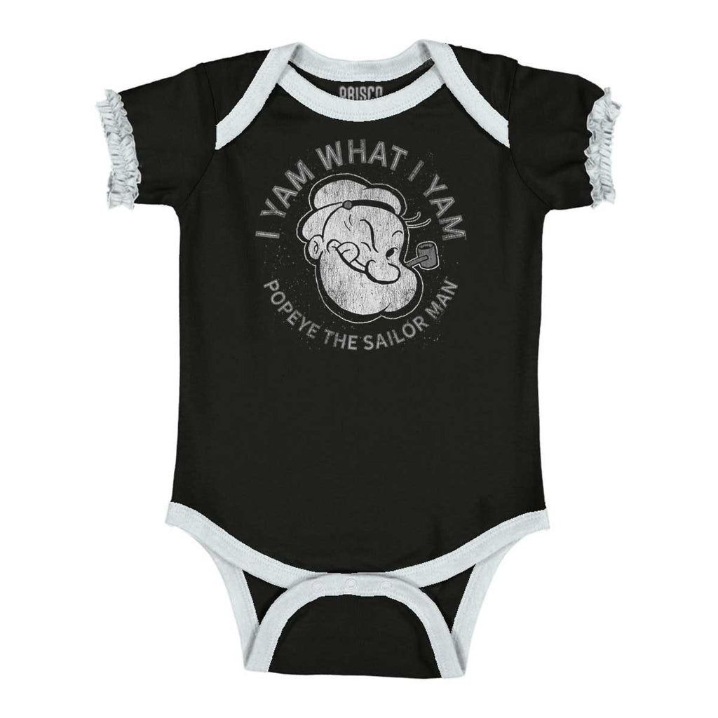 I Yam What I Yam Baby Ruffled Trim Romper-Direct To Garment Print-Brisco Baby