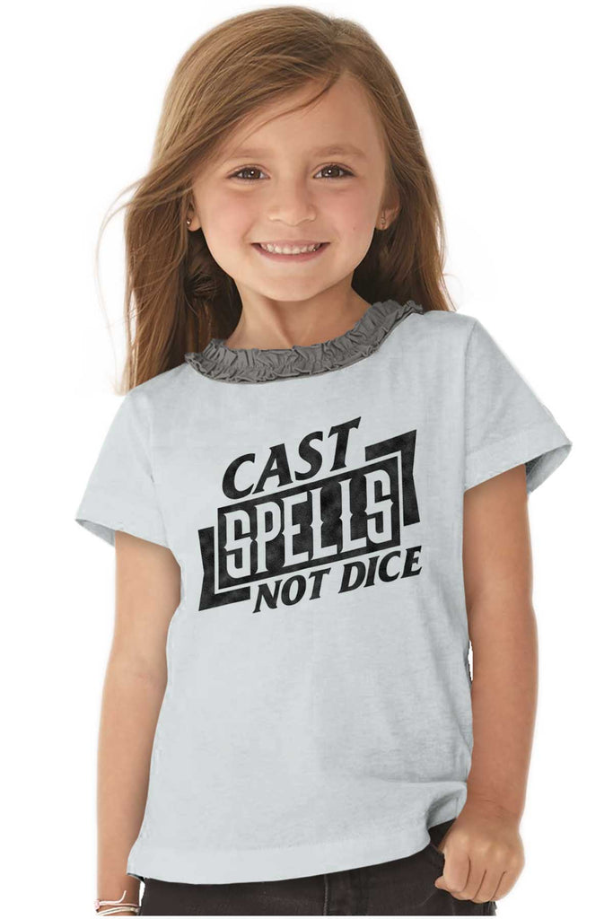 Cast Spells Not Dice Dungeons Toddler Ruffled Trim T-Shirt-Direct To Garment Print-Brisco Baby