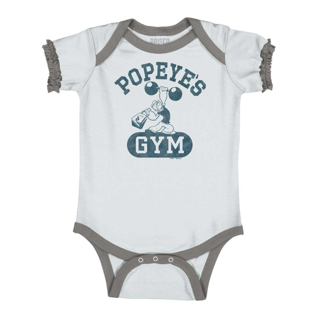 Popeye's Gym Baby Ruffled Trim Romper-Direct To Garment Print-Brisco Baby