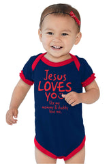 Jesus Loves You Baby Ruffled Trim Romper-Direct To Garment Print-Brisco Baby