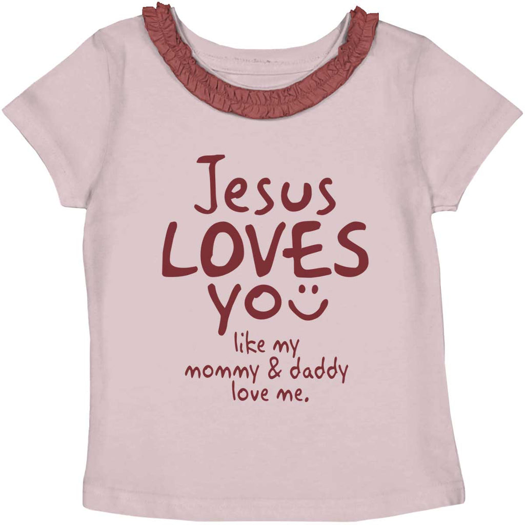Jesus Loves You Toddler Ruffled Trim T-Shirt-Direct To Garment Print-Brisco Baby