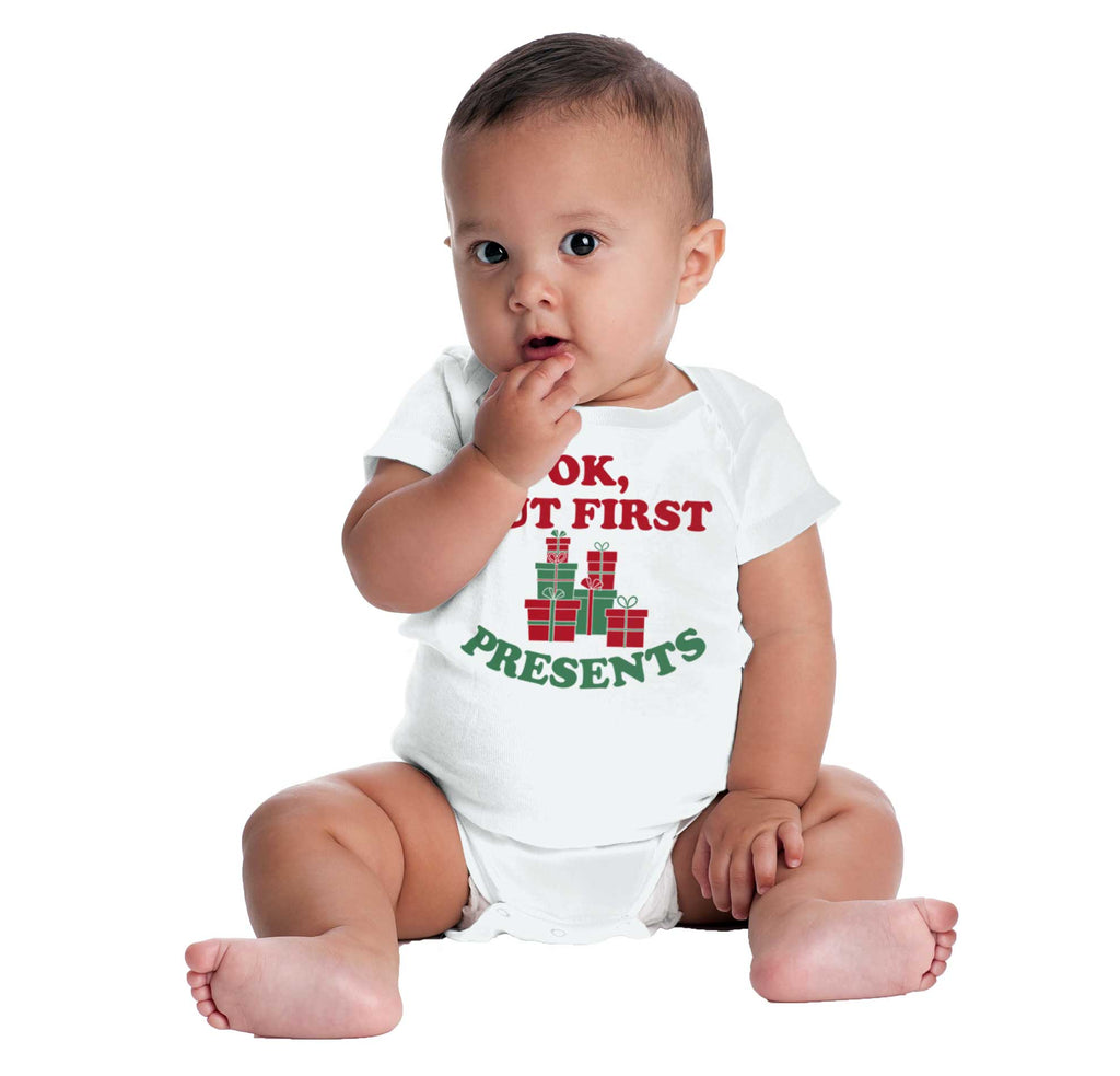 But First Presents Romper Bodysuit-Direct To Garment Print-Brisco Baby