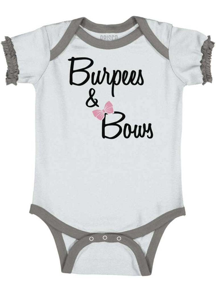 Burpees and Bows Baby Ruffled Trim Romper-Direct To Garment Print-Brisco Baby