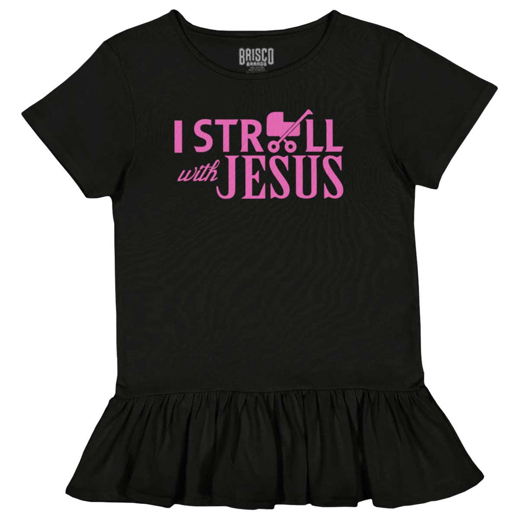 Stroll With Jesus Toddler Ruffle Bottom Tee-Direct To Garment Print-Brisco Baby