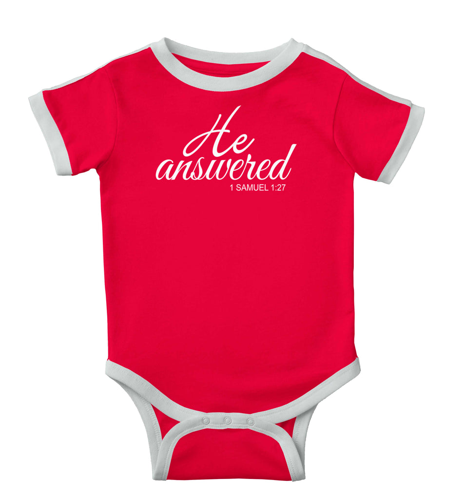 He Answered Ringer Romper Bodysuit-Direct To Garment Print-Brisco Baby