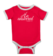 He Answered Ringer Romper Bodysuit-Direct To Garment Print-Brisco Baby