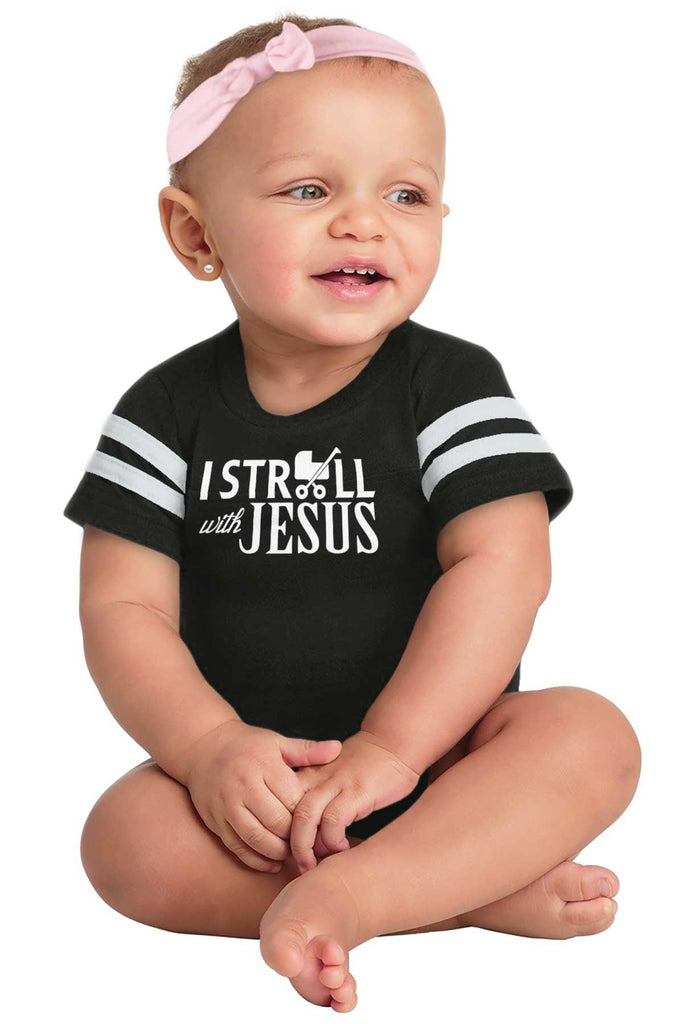 Stroll With Jesus Football Romper Bodysuit-Direct To Garment Print-Brisco Baby
