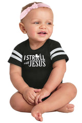 Stroll With Jesus Football Romper Bodysuit-Direct To Garment Print-Brisco Baby
