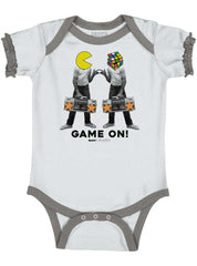 Pac-Man Rubiks Game On Baby Ruffled Trim Romper-Direct To Garment Print-Brisco Baby
