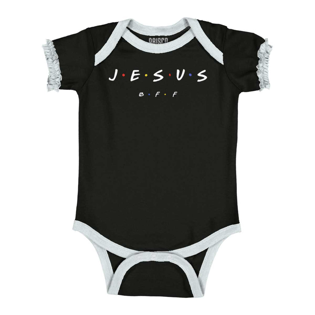 Jesus Christ BFF Baby Ruffled Trim Romper-Direct To Garment Print-Brisco Baby