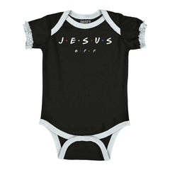 Jesus Christ BFF Baby Ruffled Trim Romper-Direct To Garment Print-Brisco Baby