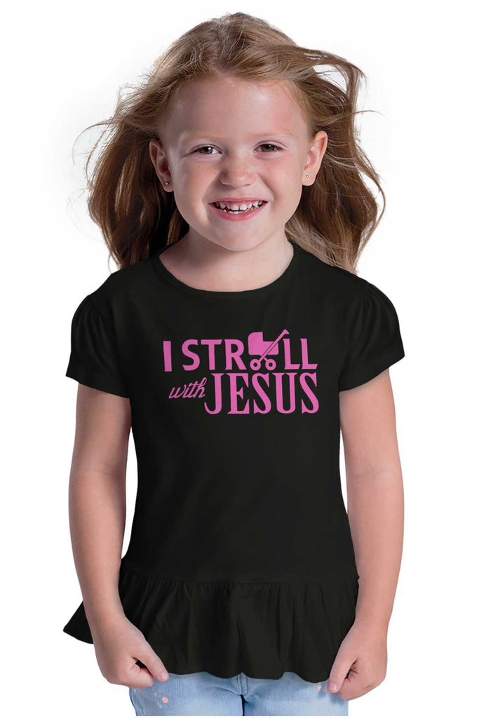 Stroll With Jesus Toddler Ruffle Bottom Tee-Direct To Garment Print-Brisco Baby