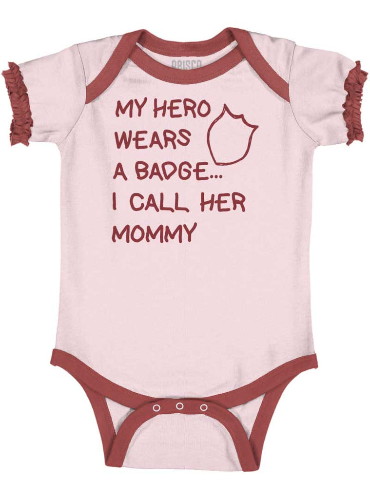 Hero Wears Badge Baby Ruffled Trim Romper-Direct To Garment Print-Brisco Baby