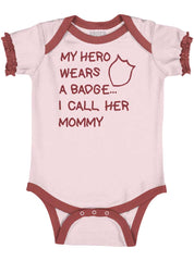 Hero Wears Badge Baby Ruffled Trim Romper-Direct To Garment Print-Brisco Baby