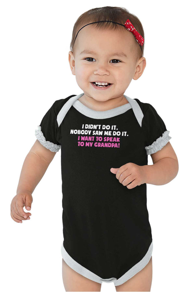 I Didn't Do It Baby Ruffled Trim Romper-Direct To Garment Print-Brisco Baby
