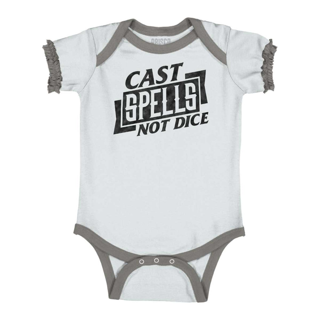 Cast Spells Not Dice Dungeons Baby Ruffled Trim Romper-Direct To Garment Print-Brisco Baby