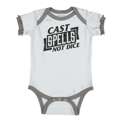 Cast Spells Not Dice Dungeons Baby Ruffled Trim Romper-Direct To Garment Print-Brisco Baby