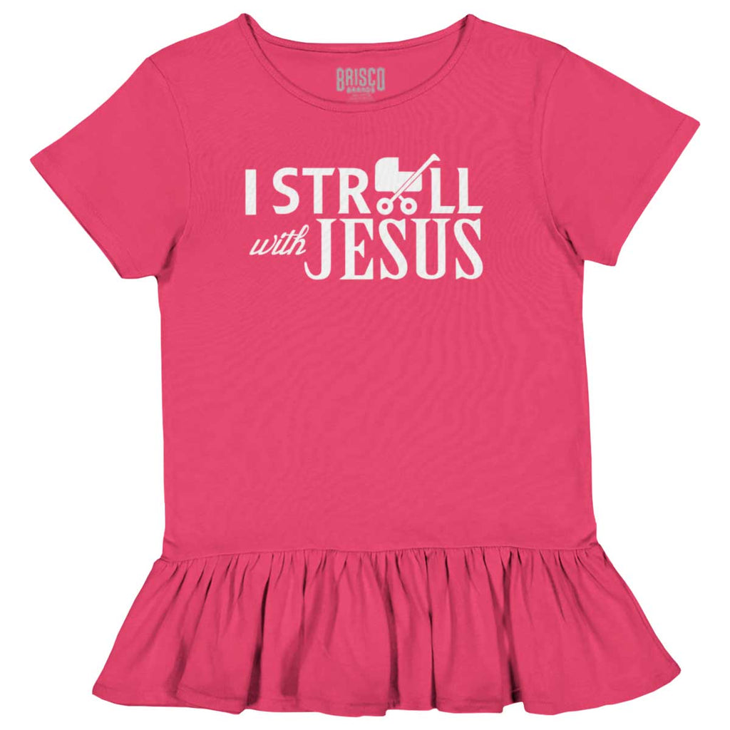 Stroll With Jesus Toddler Ruffle Bottom Tee-Direct To Garment Print-Brisco Baby