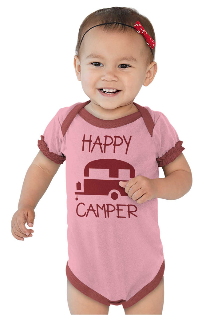 Happy Camper Baby Ruffled Trim Romper-Direct To Garment Print-Brisco Baby