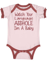 Watch The Language Baby Ruffled Trim Romper-Direct To Garment Print-Brisco Baby