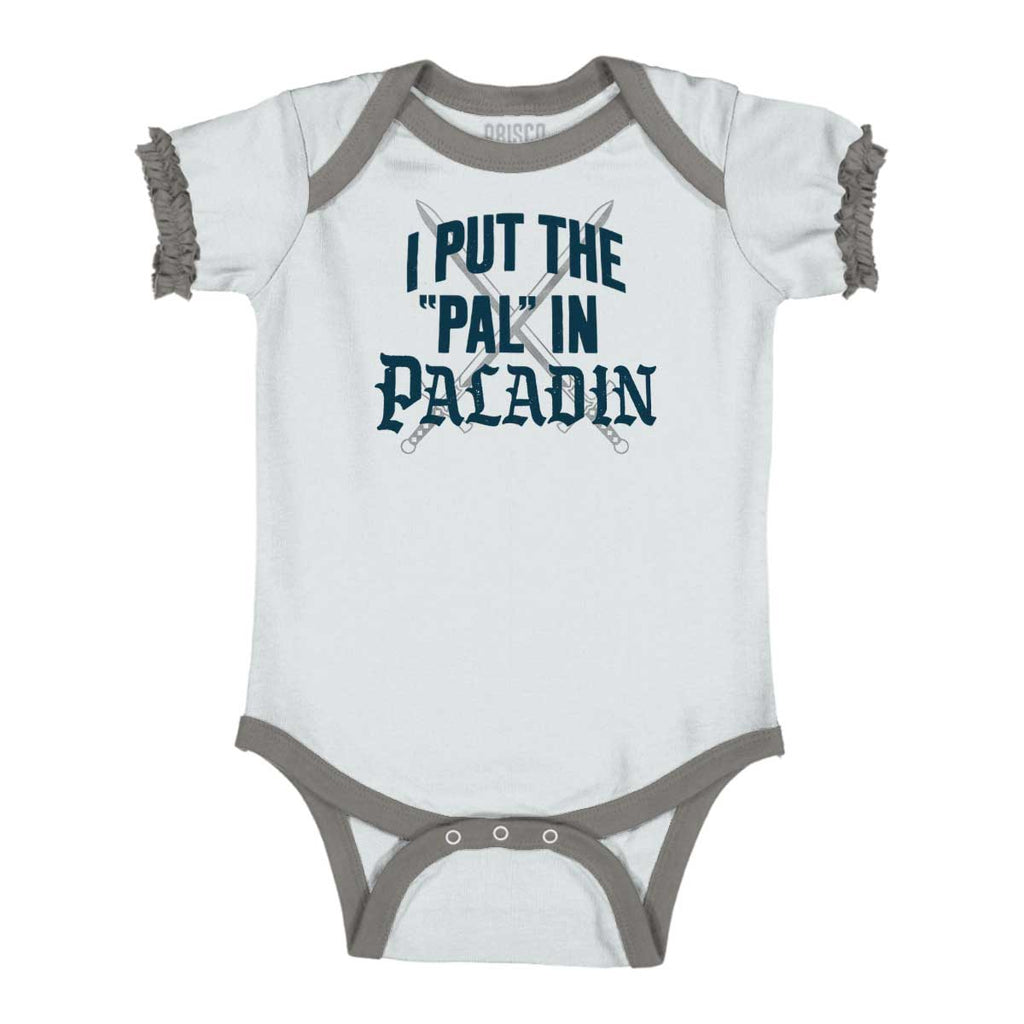 Put The Pal In Paladin Dungeons Baby Ruffled Trim Romper-Direct To Garment Print-Brisco Baby