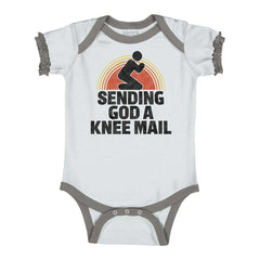 Sending God A Knee Mail Baby Ruffled Trim Romper-Direct To Garment Print-Brisco Baby