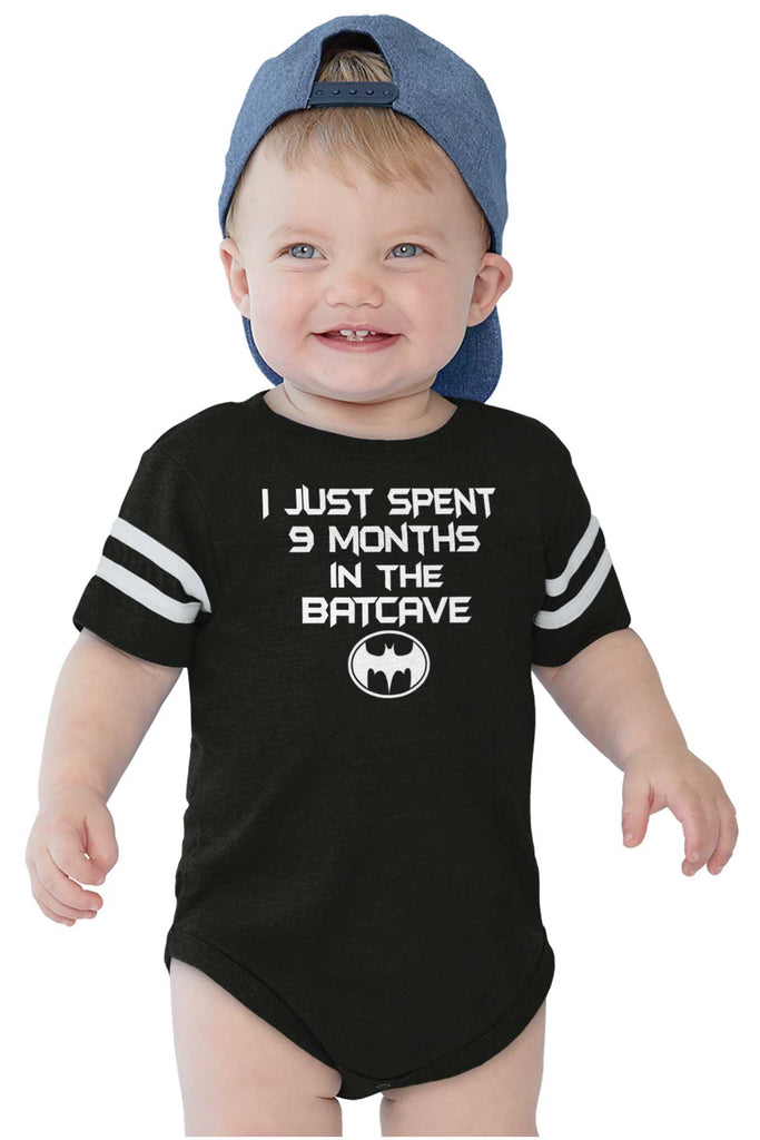 9 Months in Batcave Football Romper Bodysuit-Direct To Garment Print-Brisco Baby