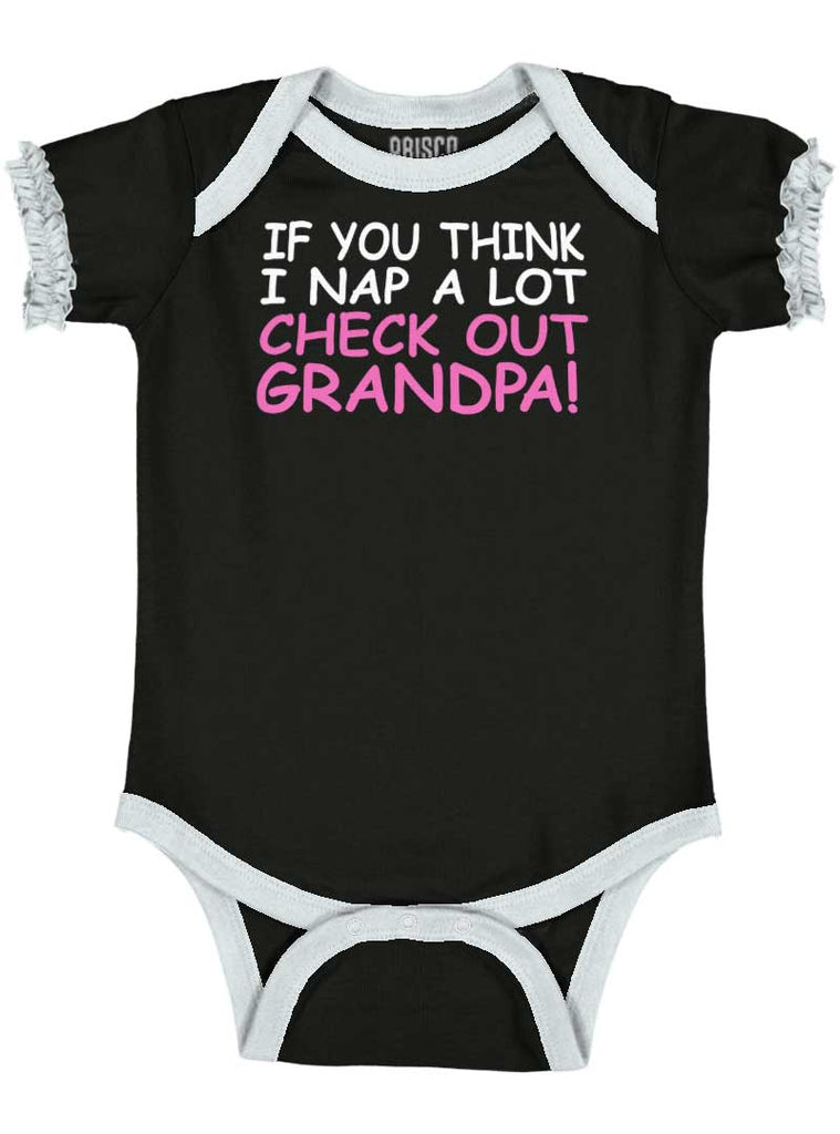 Check Out Grandpa Baby Ruffled Trim Romper-Direct To Garment Print-Brisco Baby