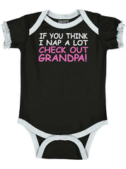 Check Out Grandpa Baby Ruffled Trim Romper-Direct To Garment Print-Brisco Baby